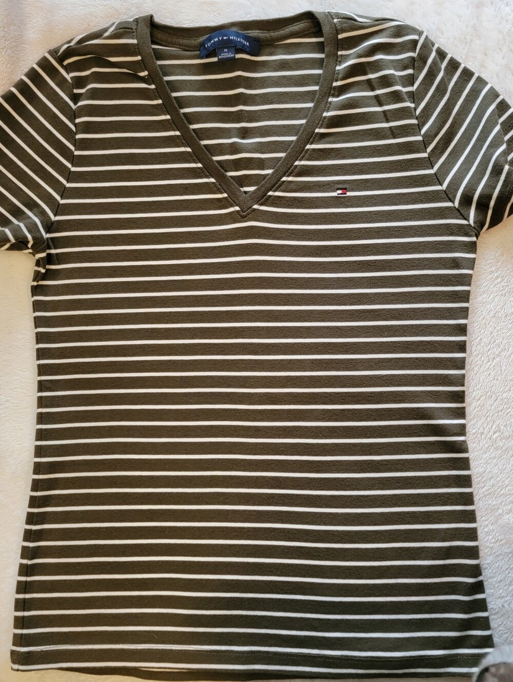 Tommy Hilfiger Olive & White Striped V-Neck Tee